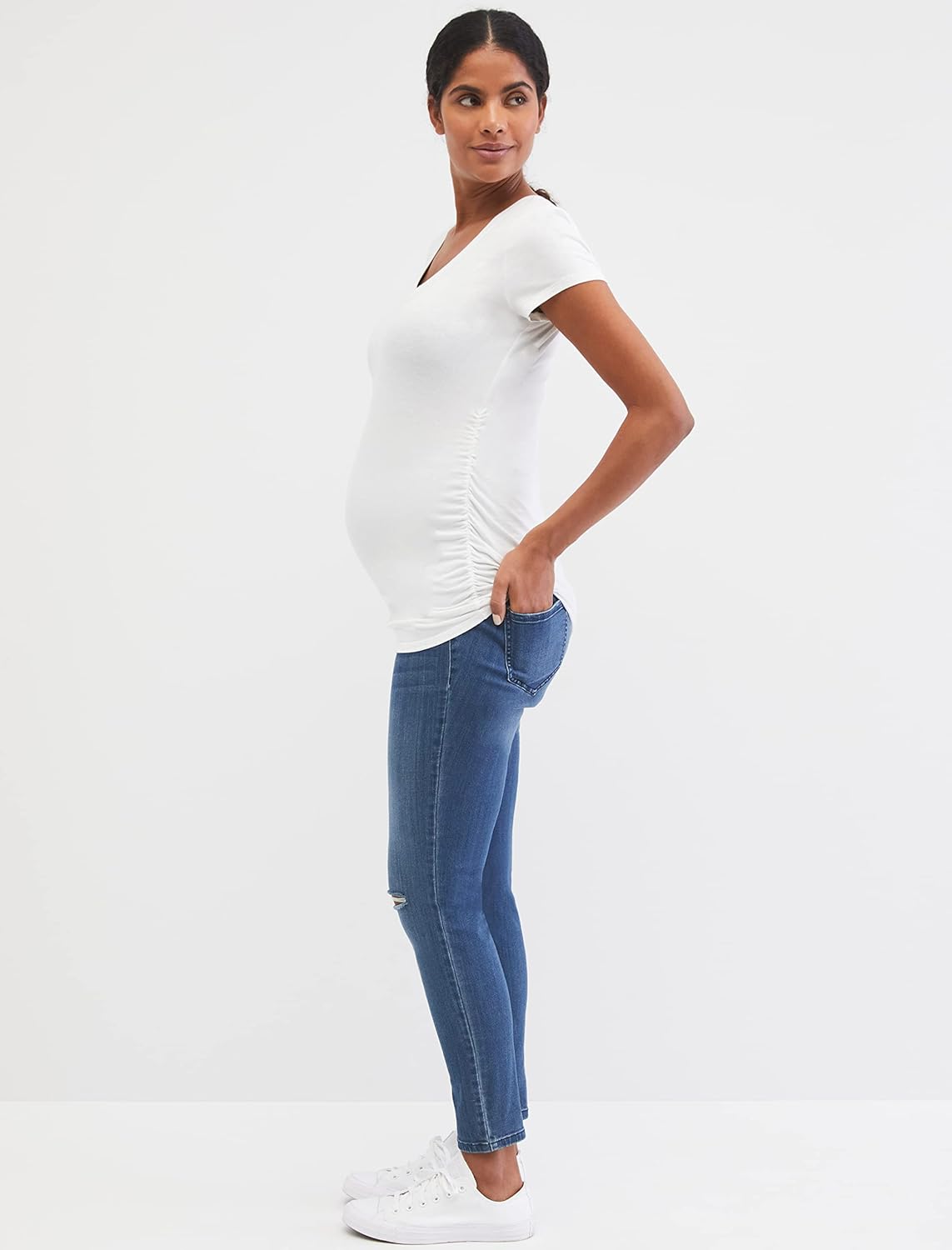 Motherhood Maternity Women's Short Sleeve Side Ruched V-Neck Pregnancy T-Shirt