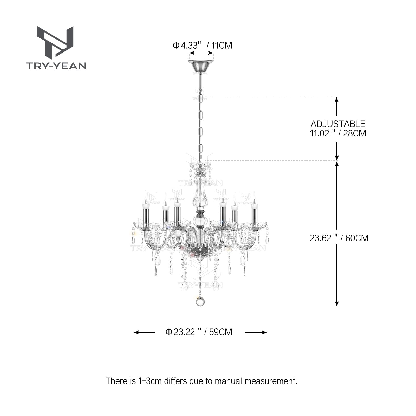 Lustre Baroque à 6 Bras Lustre Transparent Cristal K5 Lustre Pampille Suspension Lampe de Plafond avec Chaîne Réglable pour Chambre, Salon, Salle à Manger, Restaurant, E14