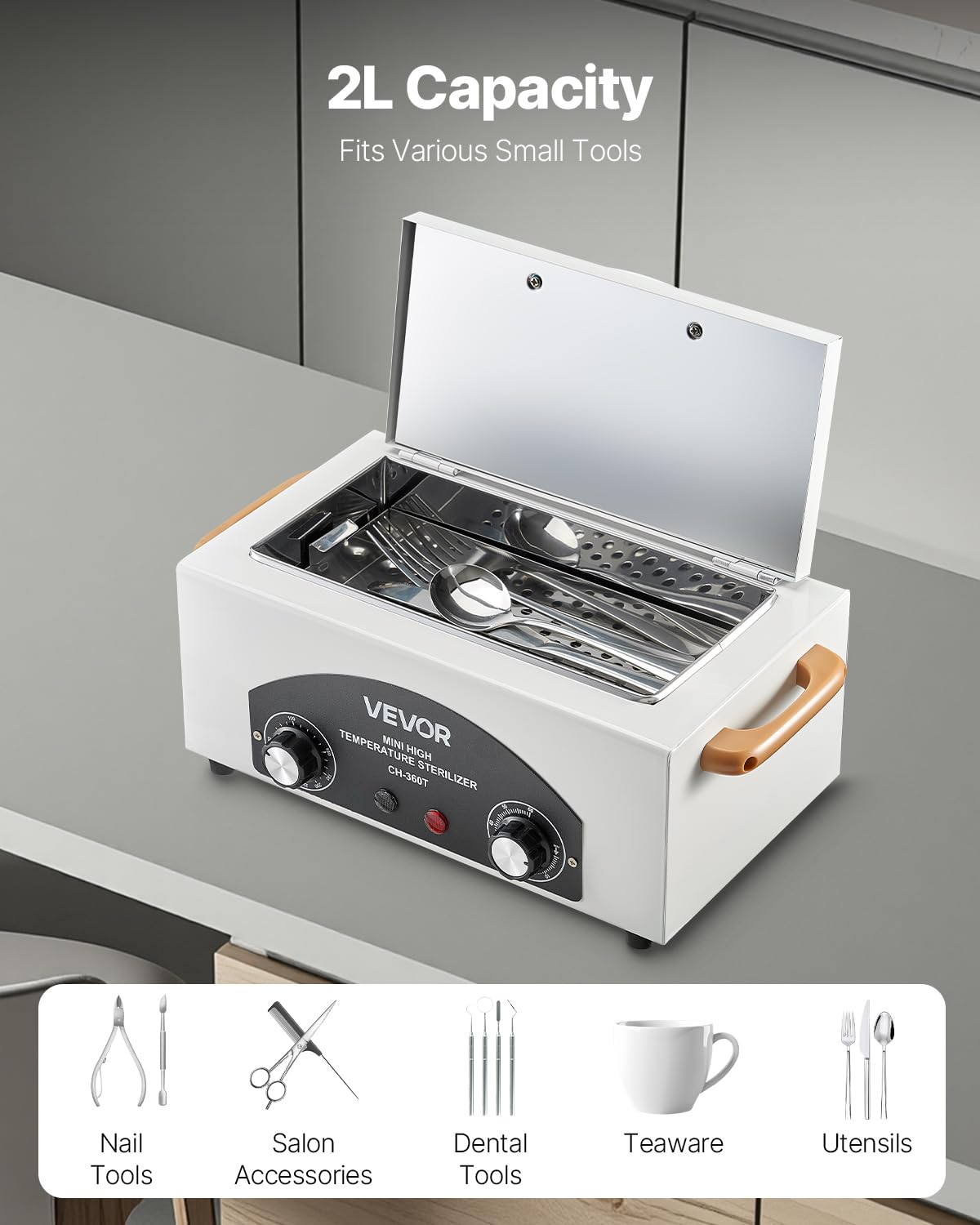VEVOR Stérilisateur à Air Chaud 2 L 300 W, Boîte de Désinfection à Haute Température, Température et Durée Réglables, pour Nettoyage des Outils d'Onglerie, Labo, Maison, Salon de Manucure et de Beauté