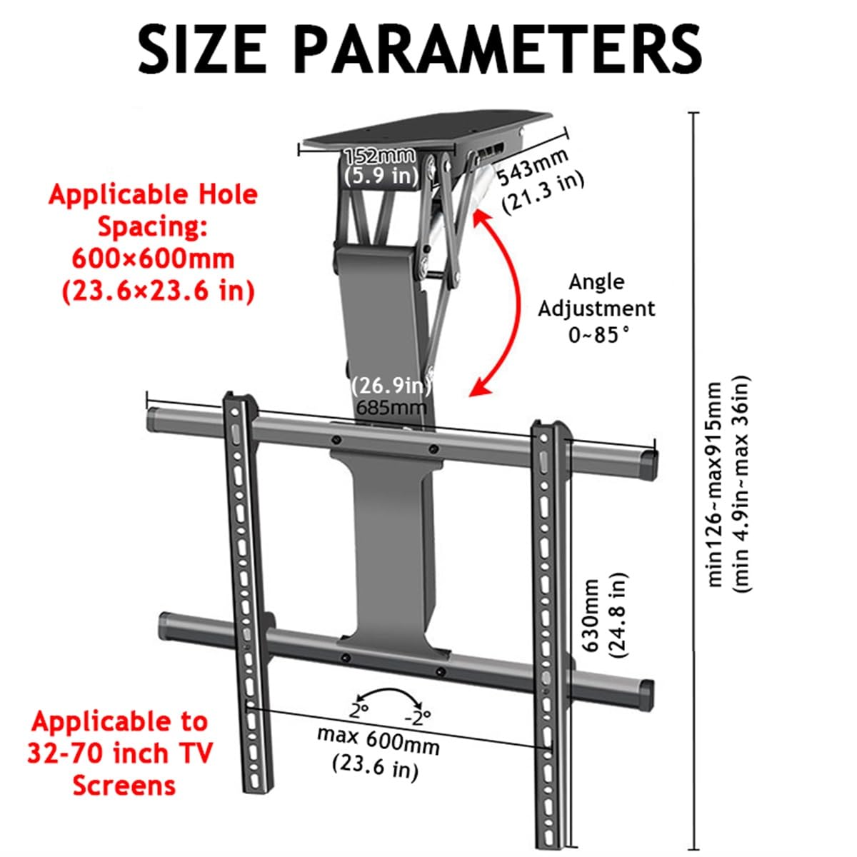 Supporto da soffitto motorizzato per Smart TV con regolazione dell'angolo da 0 a 85° - Supporto da soffitto elettrico per TV con staffa ribaltabile, telecomando wireless(32-70 inch)
