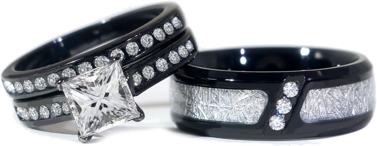 Couple Rings His Her Wedding Ring for Him and Her Matching Rings 1CT AAA CZ Black Ring
