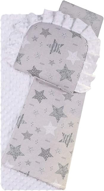 BlueberryShop Reversible Minky Cotton Pram Crib Moses 2pc Set Quilt & Pillow (29.5" x 25.5") (0-12 m) (75 x 65 cm) White/Grey Stars