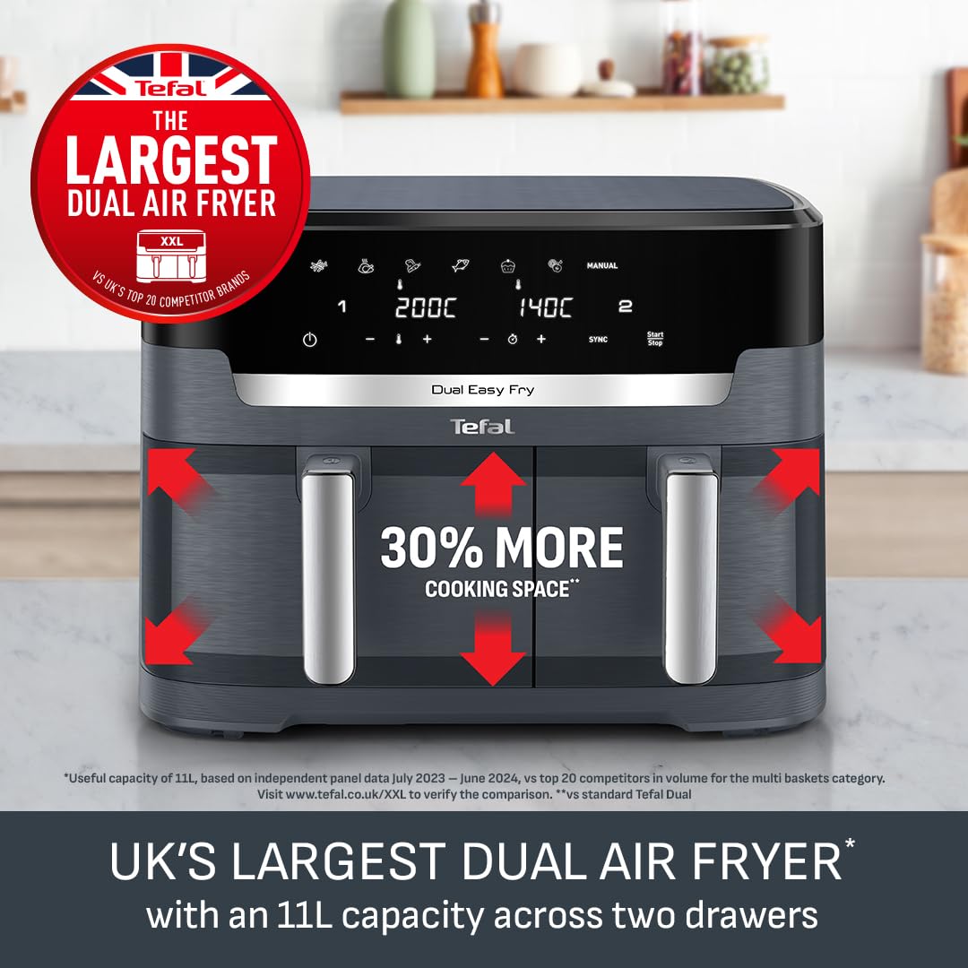 Tefal XXL Friteuse à air de 11 L, double tiroir, sans huile, extra croustillant, rôtir, cuire, réchauffer, déshydrater, 7 programmes prédéfinis, lavable au lave-vaisselle, 8+ portions,