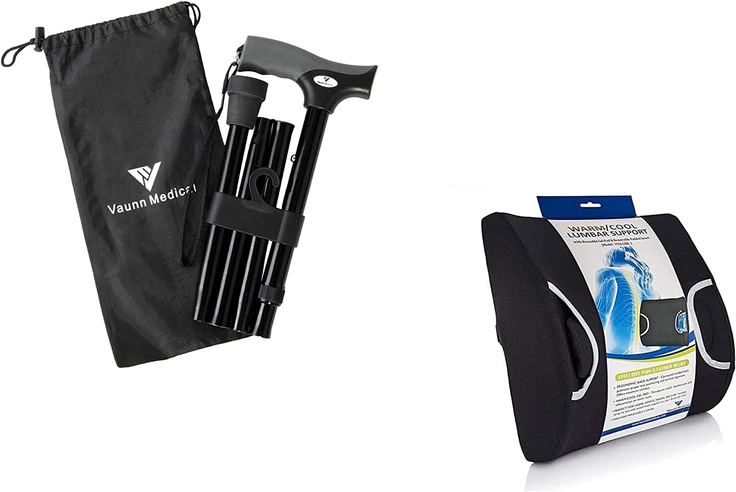 Vaunn Medical Height Adjustable Folding Cane and Lumbar Back Support Cushion Pillow