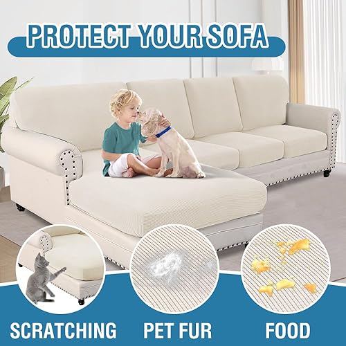 Miniatura 4 de GAMUKAI Funda de cojín modular de 8 piezas con respaldo, fundas de cojín elásticas de jacquard para sofá, protector de muebles de sofá (marfil, 3