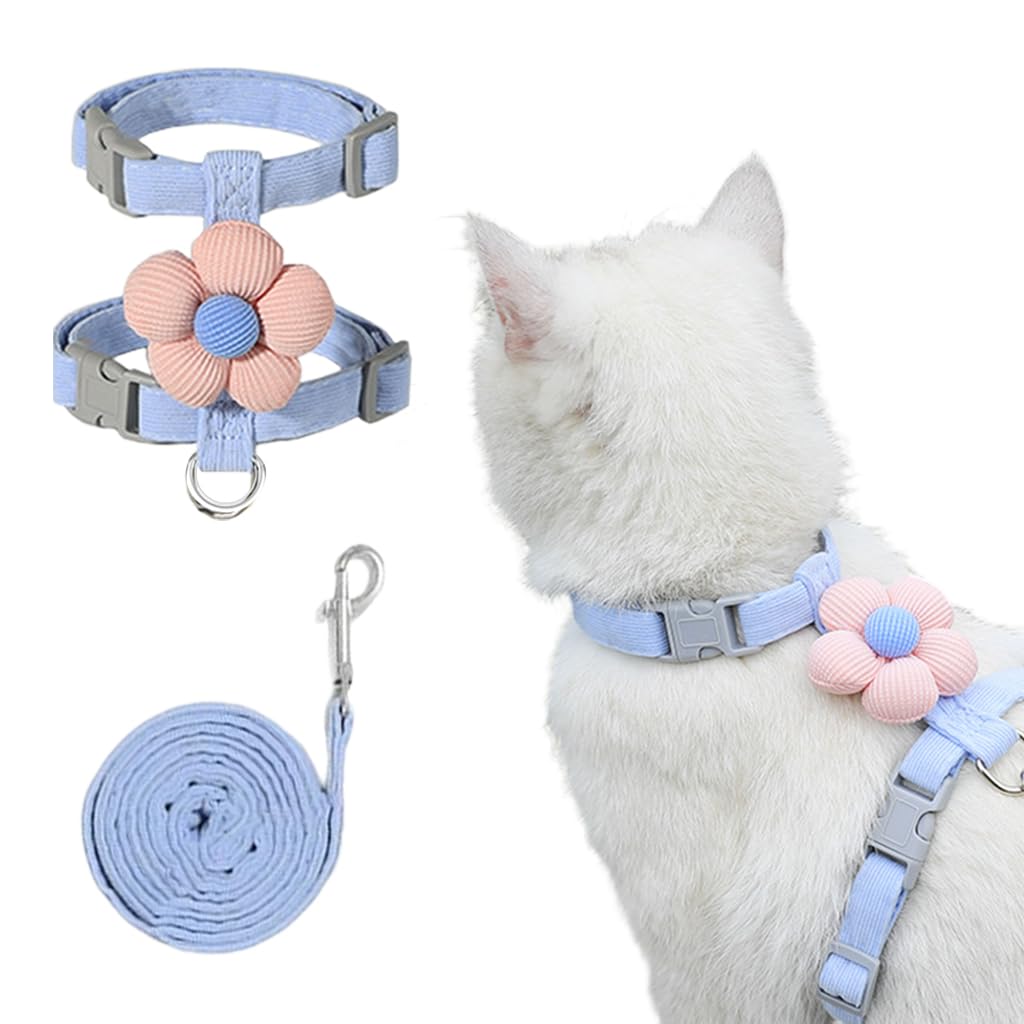 qpets® cat harness with leash, cat harness and leash set for small cats with quick release buckle, escape-proof cute flower pet belt for outdoor walking & travel (m, chest 27-43cm, neck 23-33cm)