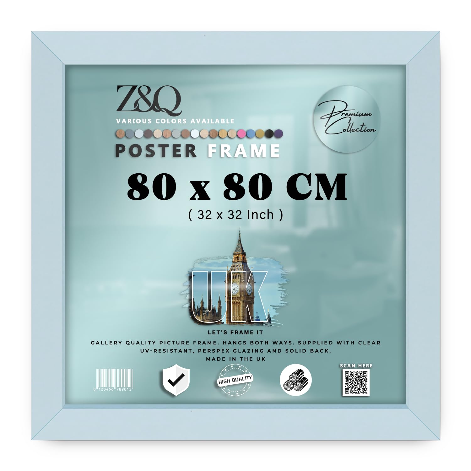 Z&Q | Vintage MDF Poster Frame (80 x 80 CM) Premium Wooden Texture, Classic Wall Display 32 x 32 Artistic Frame for Prints, 800 x 800 mm [ Light Grey ]