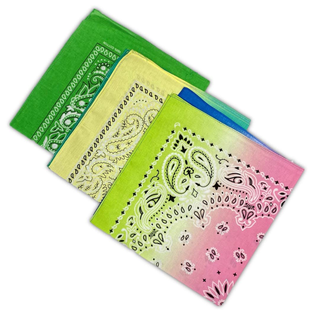 Stylex Party Unisex Blue Pack Of 3 Bandanna Green & Pink Paisley Head Scarf Wrist Wrap Biker & Pink