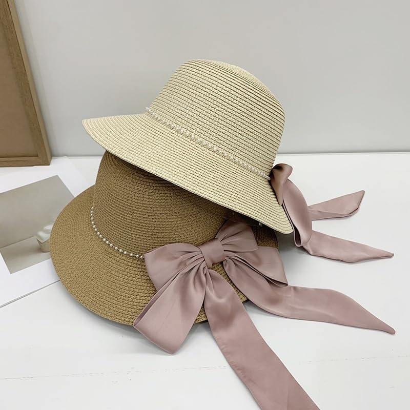 Sombrero de Paja para Mujer,ala Ancha,Plegable,para Playa,con Miniperla y Lazo de Satén,para Viajes,Vacaciones de Verano,Suave,Ligero y Transpirable