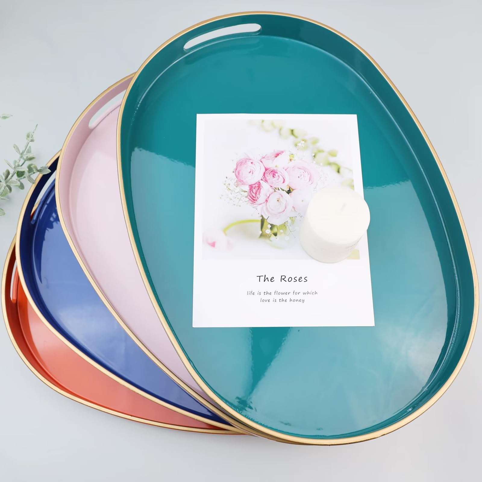 Omuriko Pink Oval Decorative Tray with Handles, Versatile Serving Tray for Coffee Table, Ottoman, Ideal for Serving, Displaying, Organizing