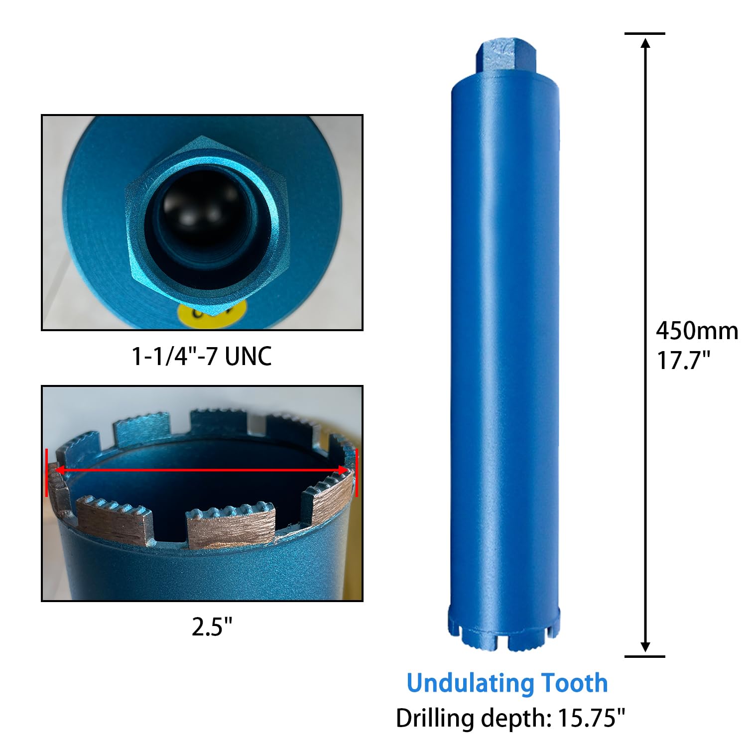 Punte per carotaggio a umido da 2,5" per calcestruzzo indurito con barre d'armatura, mattoni, blocchi, muratura, ecc. Profondità di foratura di 15,75", filettatura 1-1/4-7”, altezza del segment