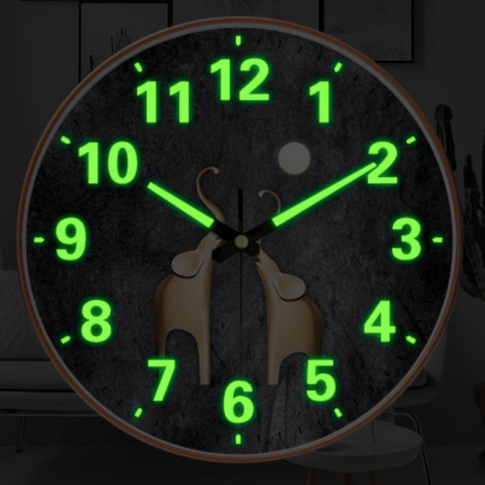 Image of Ash & Roh Radium Glow Wall Clock, 12 Inch Night Light Wall Clock Silent Non-Ticking, Battery Operated Wall Clocks for Living Room Kitchen Office Bedroom, (Radium Elephant)