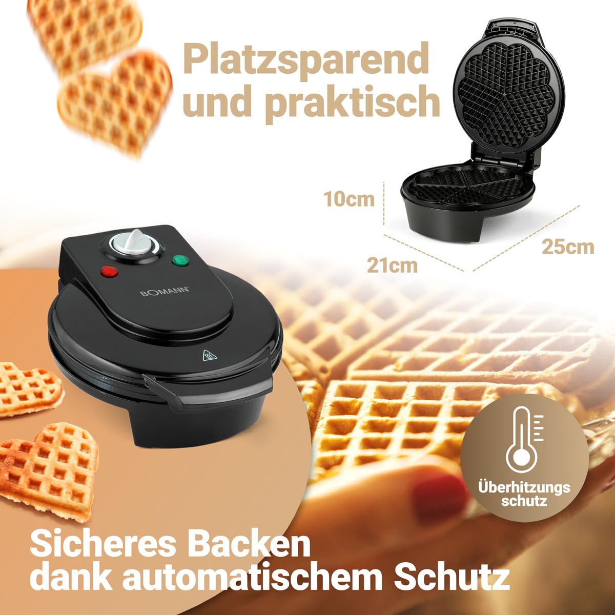 Bomann - mod. WA 5018 CB - Piastra per waffles, con base a forma di cuore, potenza: 1200 W nero
