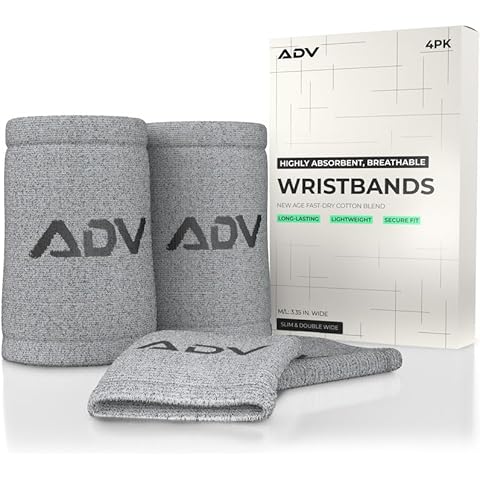 ADV Tennis Wristbands with New Age Polyester Cotton Blend - Ultra Absorbent Wrist Sweatbands - Doublewide & Slim Wrist Bands for Sweat - 4 Pack or 2 Pack (4-Pack Gray, M/L) Cover