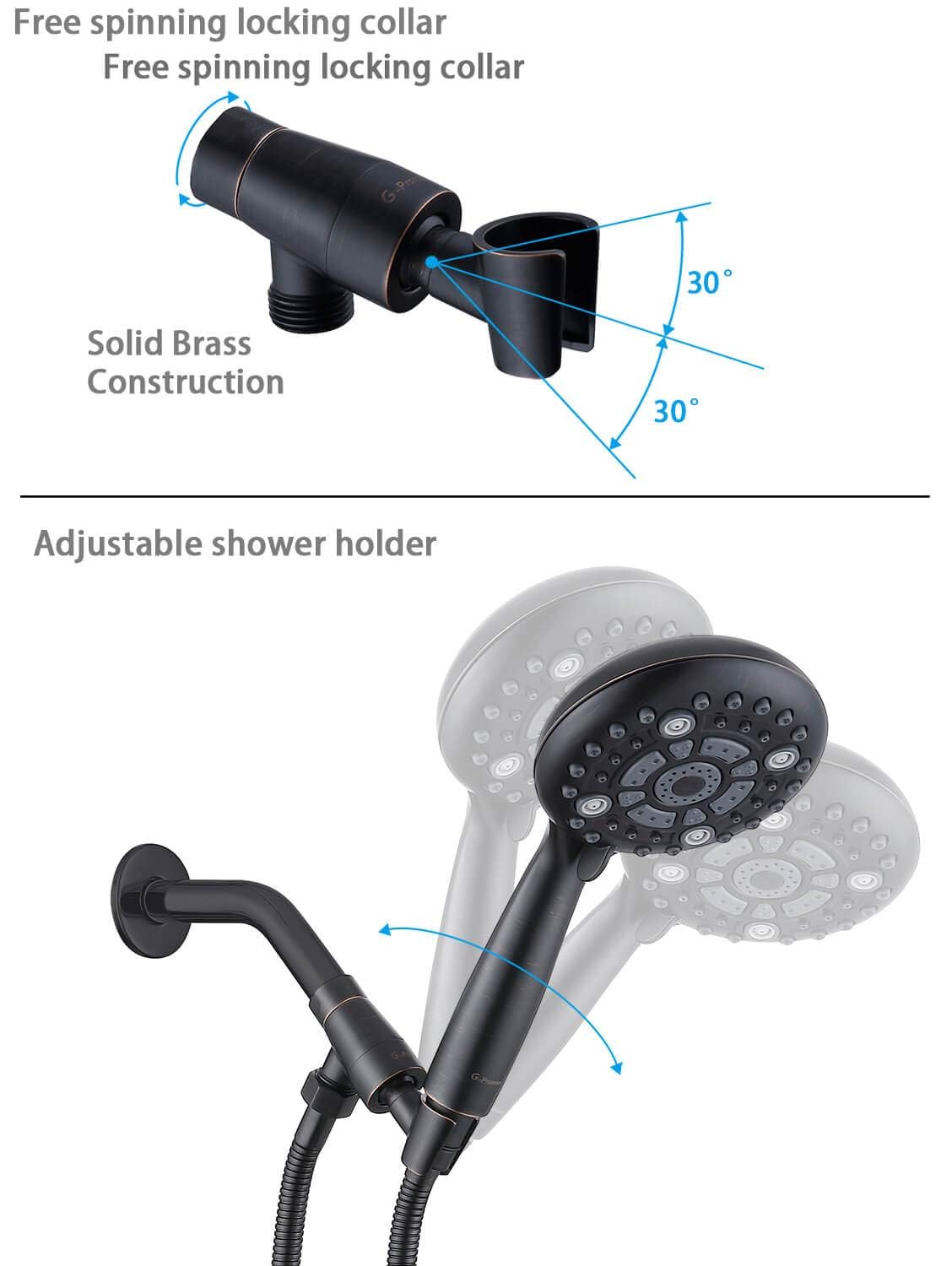 G-Promise Pommeau de douche haute pression 6 pulvérisations avec bras de douche réglable en laiton massif flexible extra long en acier inoxydable Oil-Rubbed Bronze