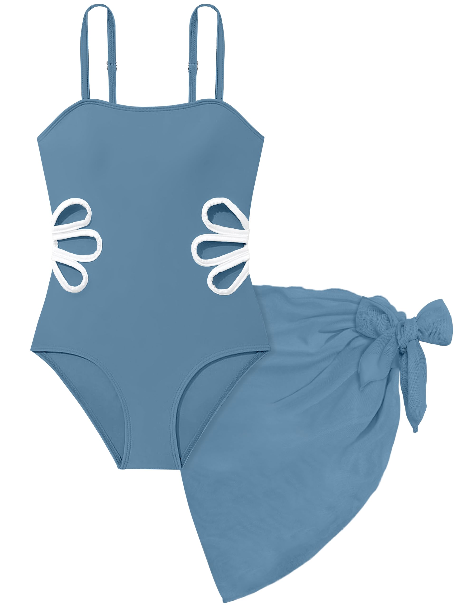 Girls Swimsuit Adjustable Straps Cut Out One Piece Bathing Suit with Solid Color Cover Up Skirt Girls' Swimwear 5-16Y