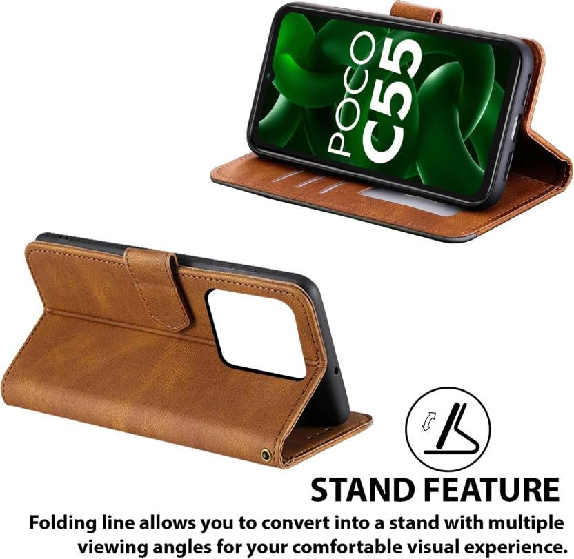 Image of RAHISHI Flip Cover Compatible for Poco C55|MZB0DDTIN|MZB0DDKIN|MZB0DDRIN|MZB0DDLIN|MZB0DDPIN Back Cover Soft Silicon TPU Flip Cover Executive Brown, Magnetic Closure