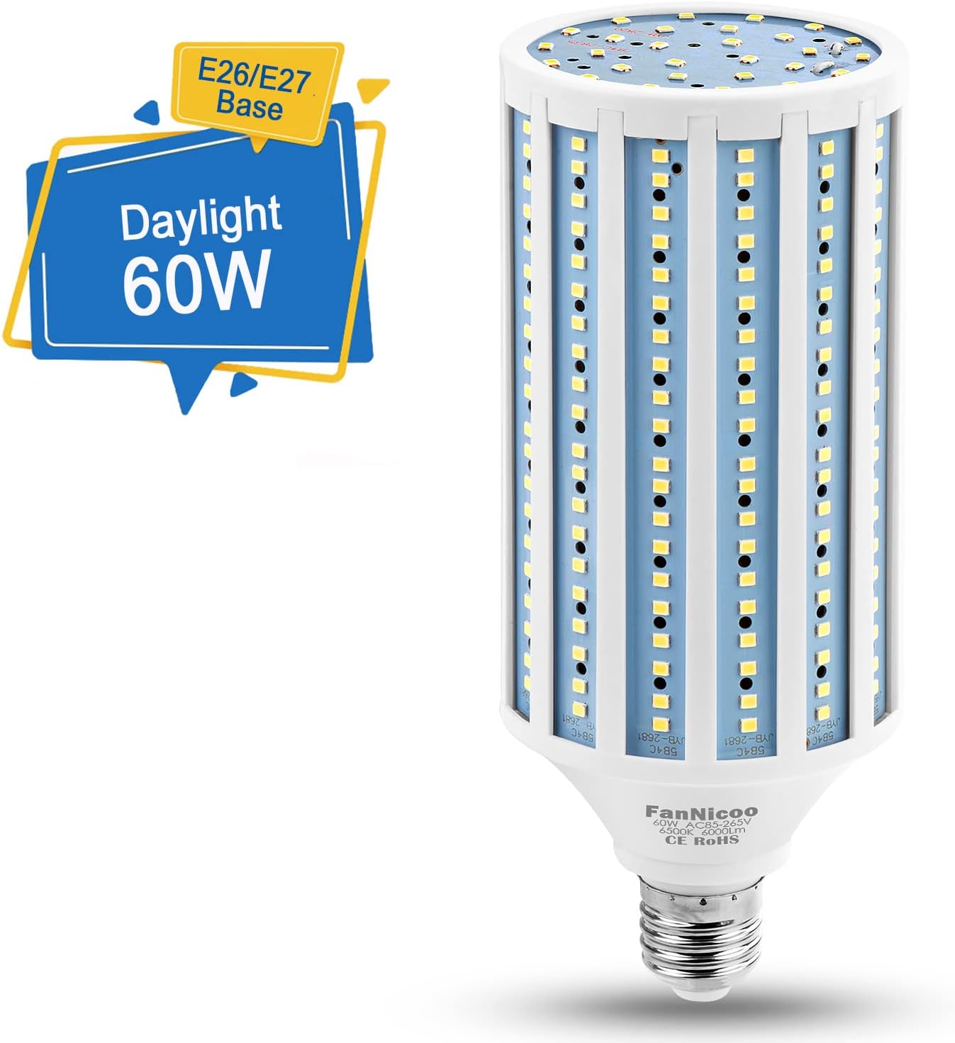 FanNicoo LED Corn Light Bulb 500W Equivalent 60W 6000Lumen 6500k E26/E27 Medium Base Led Light Bulb Cool Daylight White Corn Lamp for Indoor Outdoor Garage Warehouse Factory Workshop Backyard Barn