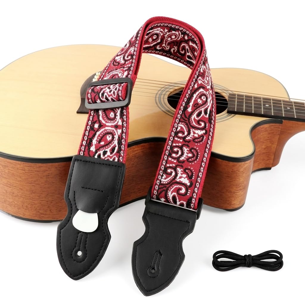 HASTHIP® Guitar Strap Fashion Boho Embroidered Adjustable Strap with Guitar Pick Holder Slot, Wide Nylon Straps for Acoustic, Bass, and Electric Guitars, 85-140cm, Red-image-1