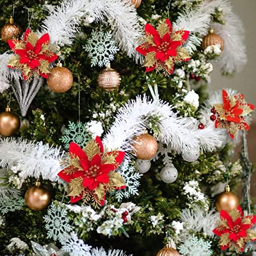 CQURE 20Pcs Christmas Poinsettia Flowers ,Artificial Glitter Fake Poinsettia Wedding Flowers Decoration Christmas Tree Ornaments with 20Pcs Clips (Red)