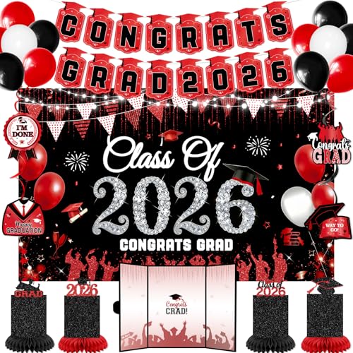 Red Black Graduation Decorations 2026: Class of 2026 Graduation Party Supplies for High School College Congrats Grad Banner Backdrop Signature Guest Book Photo Booth Decor