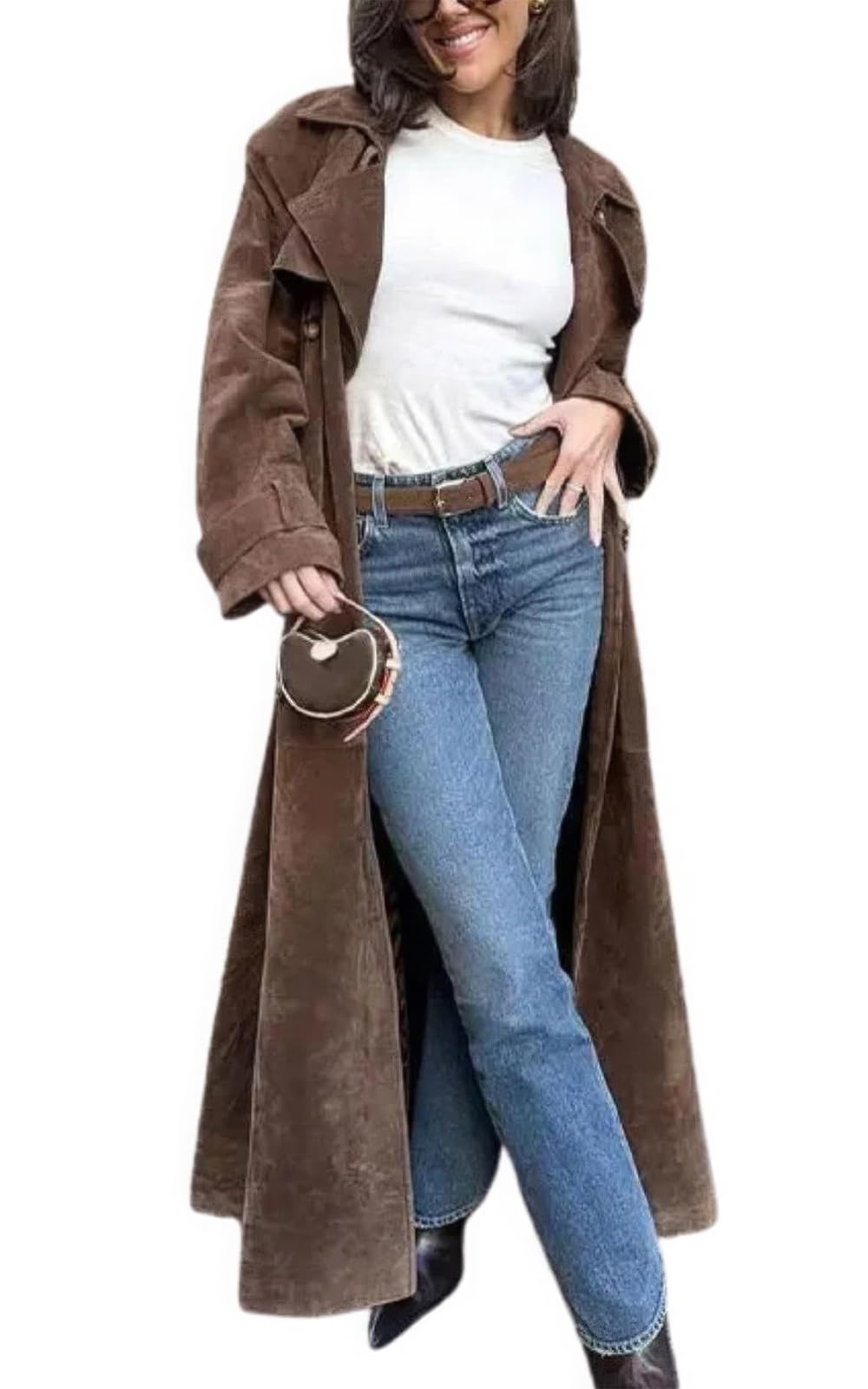 ebossy Womens Fashion Faux Suede Open Front Long Trench Coat Notched Lapel Double Breasted Maxi Overcoat with Belt