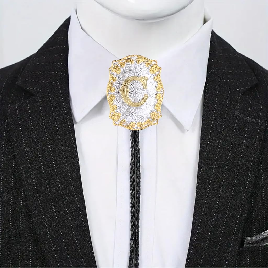 Bolo Tie for Men Initial Letters A-Z Bolo Tie Western Texas Rodeo Cowboy Tie Golden Leather Necktie Necklace - Image 5