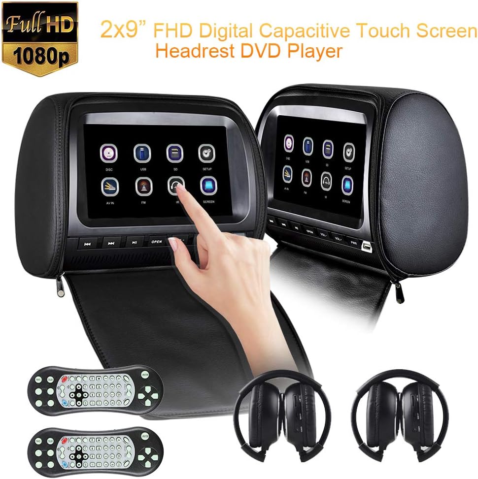 Dual Headrest DVD Player 9 Inch Car Backseat Entertainment System Touch Screen Support 1080P Video, USB SD FM & IR, DVD Region Free, Resume, 2pcs Free IR Headphone