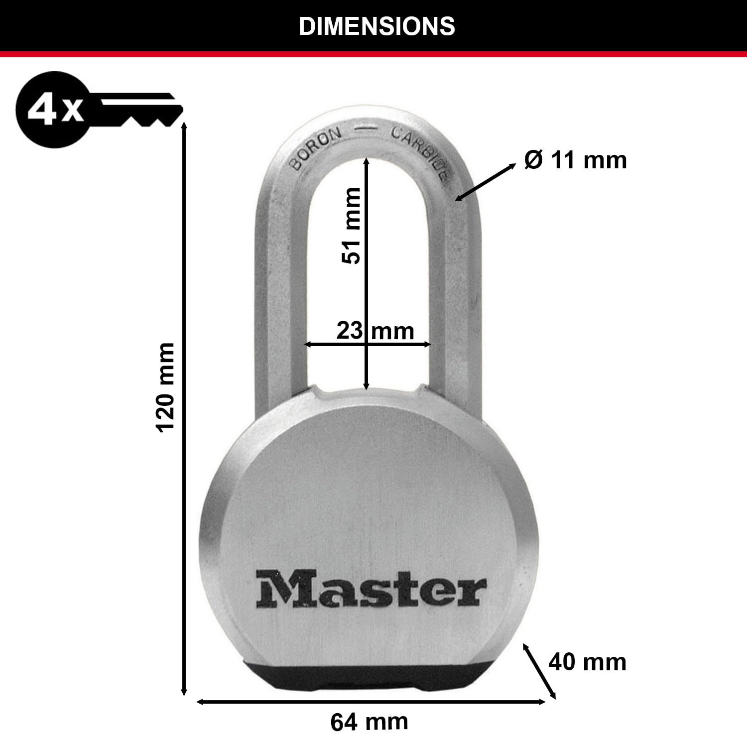 Master Lock Cadenas haute sécurité [A Clé] [Acier Inoxydable] [Anse Longue] [Extérieur] M930EURDLH - idéal pour les espaces de rangement, les Remises, les Garages, les Remorques