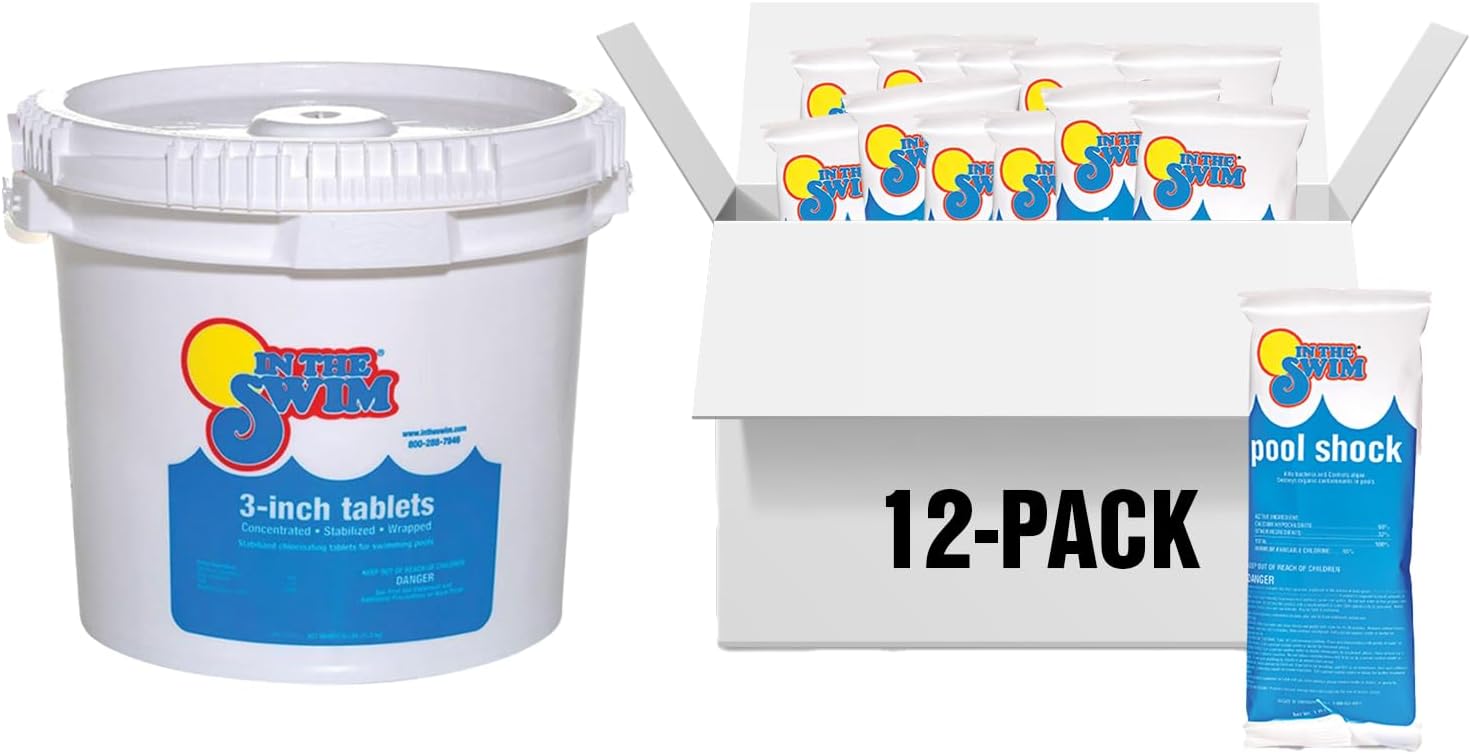 In The Swim Shock and Chlorine Bundle for Sanitizing Swimming Pools – Includes 12 x 1 Pound Bags of 68% Cal-Hypo Pool Shock and 25 Pound Bucket of 3 Inch Stabilized Chlorine Tablets
