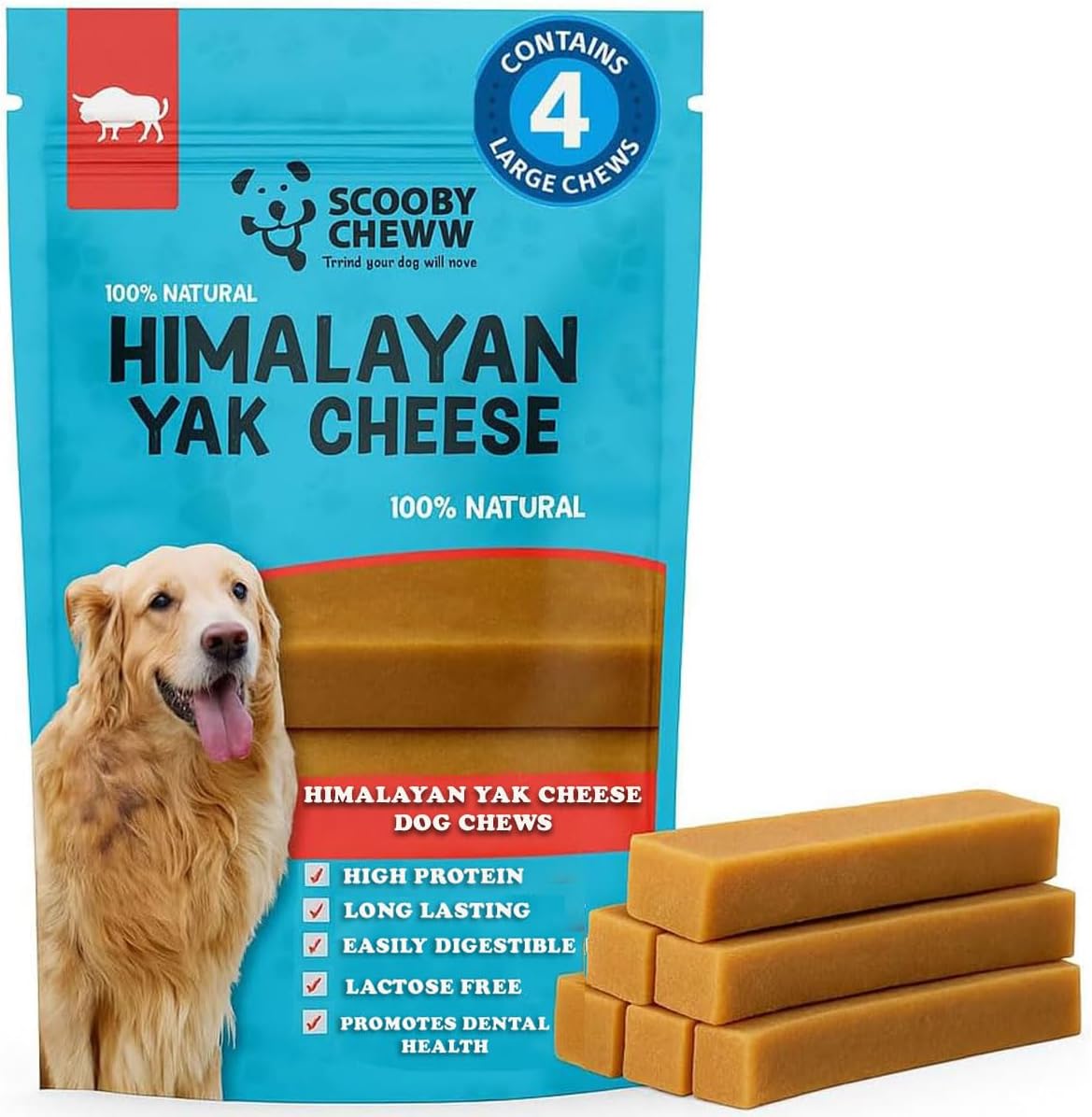 4 Count Large 100% Natural Yak Cheese for Dog Chews, Dog Treats All Breeds, High Protien, Yak Sticks | Grain & Lactose Free Dental Cleaning Long Lasting Chews for Dogs