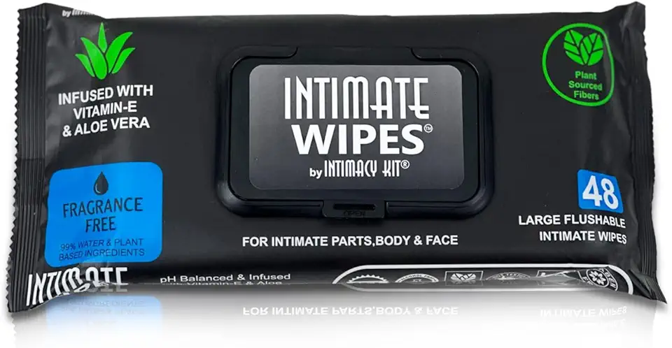 Intimate Wipes by INTIMACY KIT, 48 Large Hygiene Wipes, pH Balanced, Hypoallergenic, Fragrance Free, Infused with Vitamin-E, Chamomile &amp; Aloe Vera, for Intimate Parts, Body &amp; Face