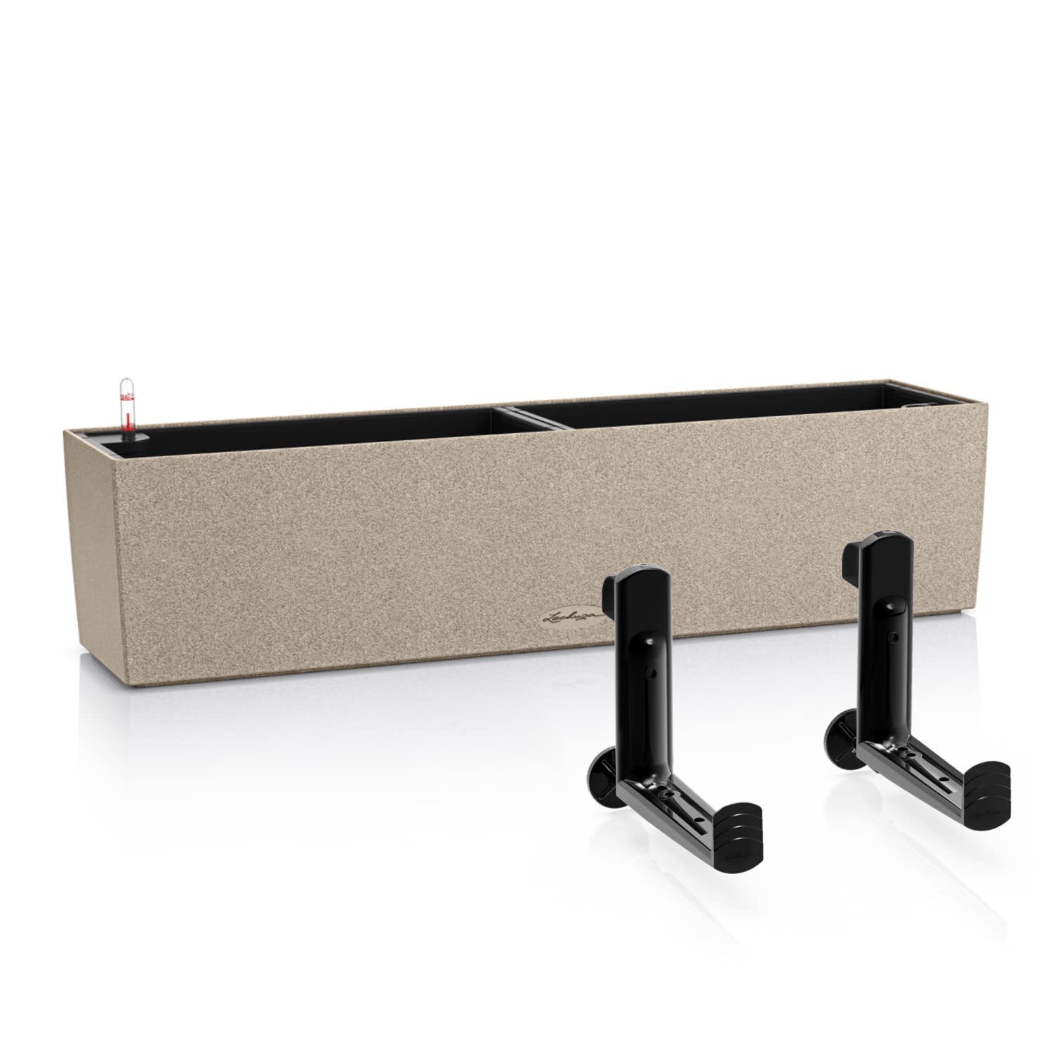 Lechuza Self Watering Pot BALCONERA Stone 80 Sand Beige Plastic Balcony Planter for Railing H19 L79 W19 cm Bundle with Black Balcony Brackets
