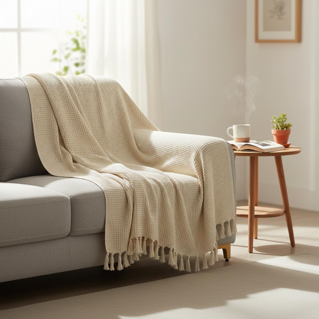 WEAVERS HUT Cotton Handloom Waffle Throw Blanket for Sofa & Bed | Soft Lightweight Beige Decorative Throw with Tassels | All-Season Couch & Bed Throw (125×150 cm)