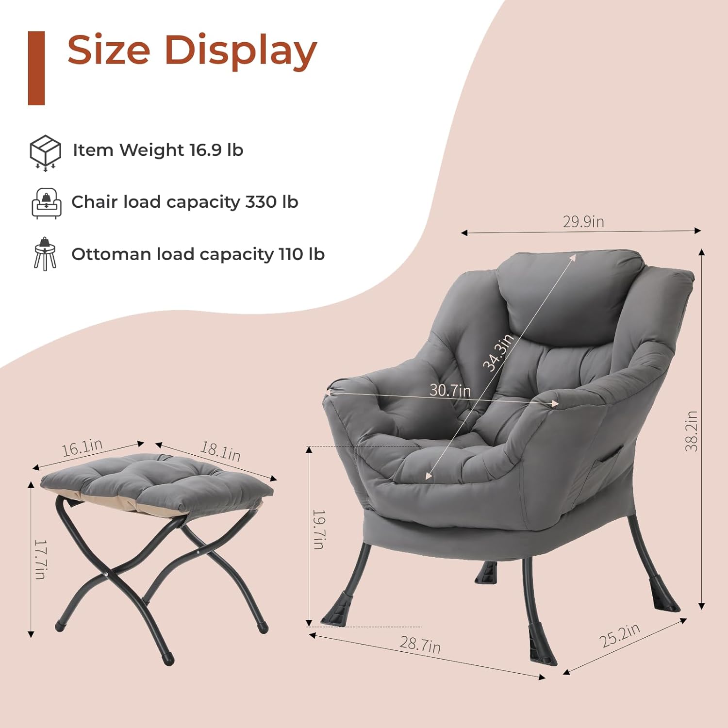 TLSUNNY Lazy Chair with Foldable Ottoman, Modern Comfy Lounge Chair, Large Sofa Armchair with Footrest and a Side Pocket, Upholstered Reading Chair with Footstool for Bedroom, Living Room (Dark Grey)