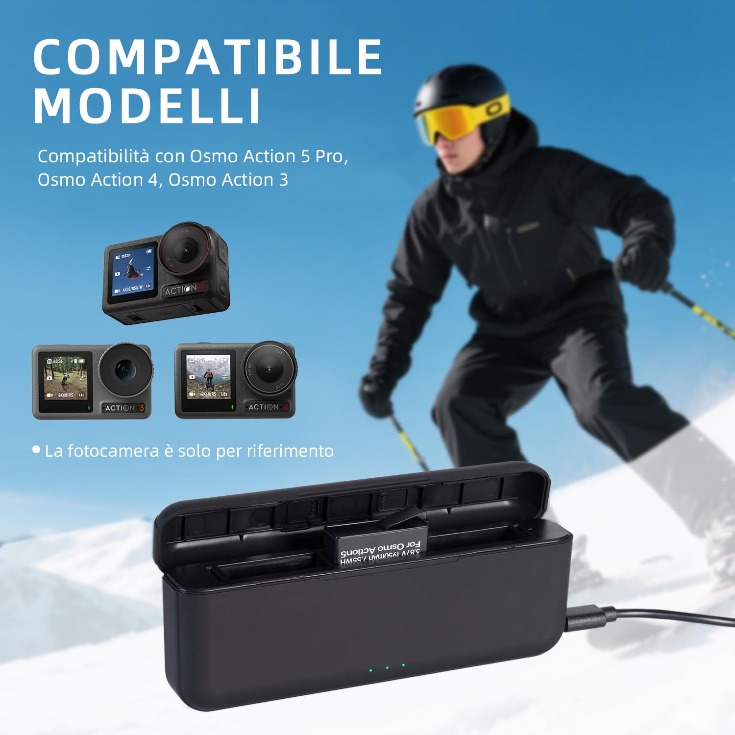 Osmo Action 5 Pro - Caricabatterie compatibile con DJI Osmo Action 5 Pro, 4 e 3, custodia di ricarica rapida USB tipo C