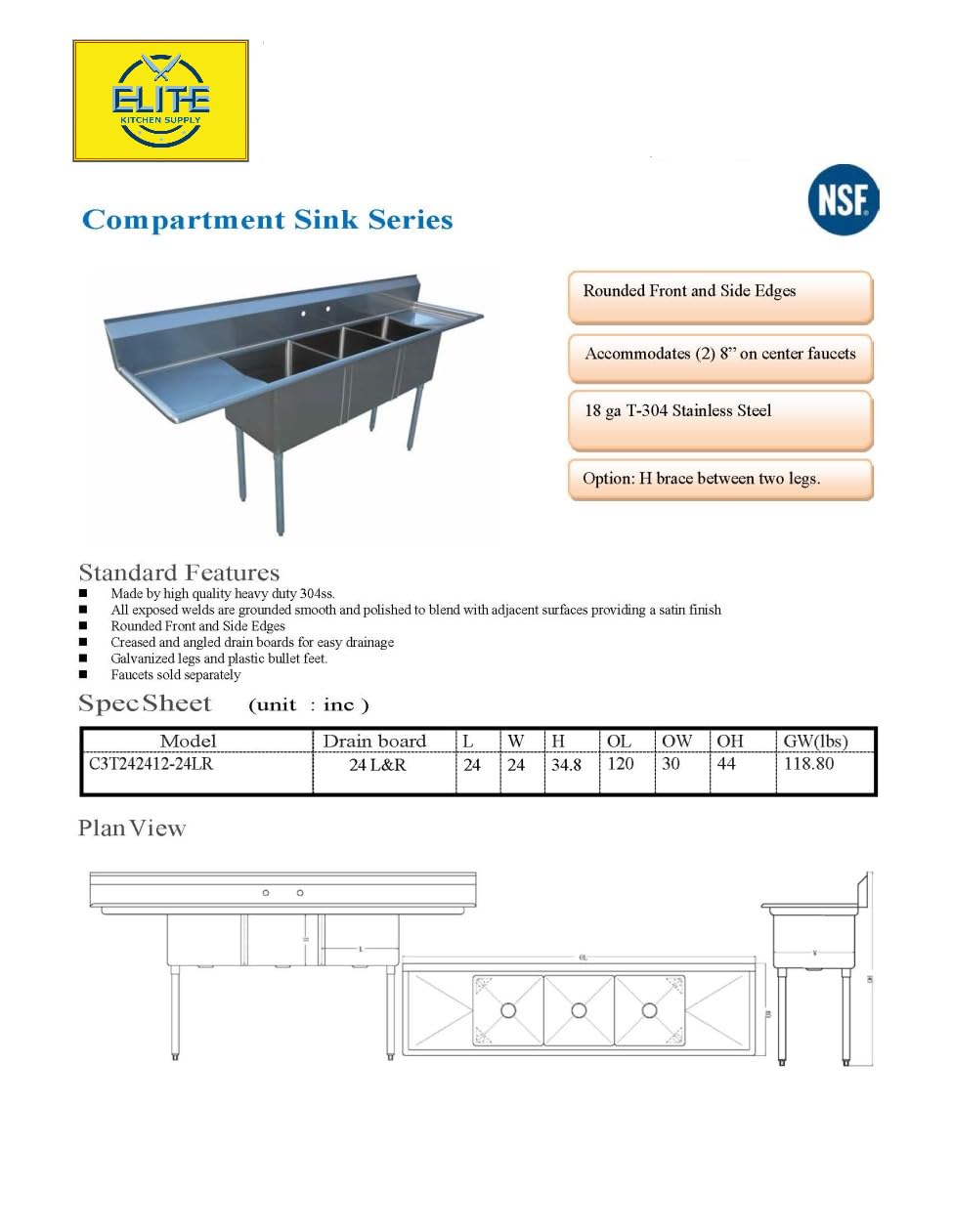 Commercial 3 Compartment Sink for Kitchen Restaurant, Stainless Steel 120