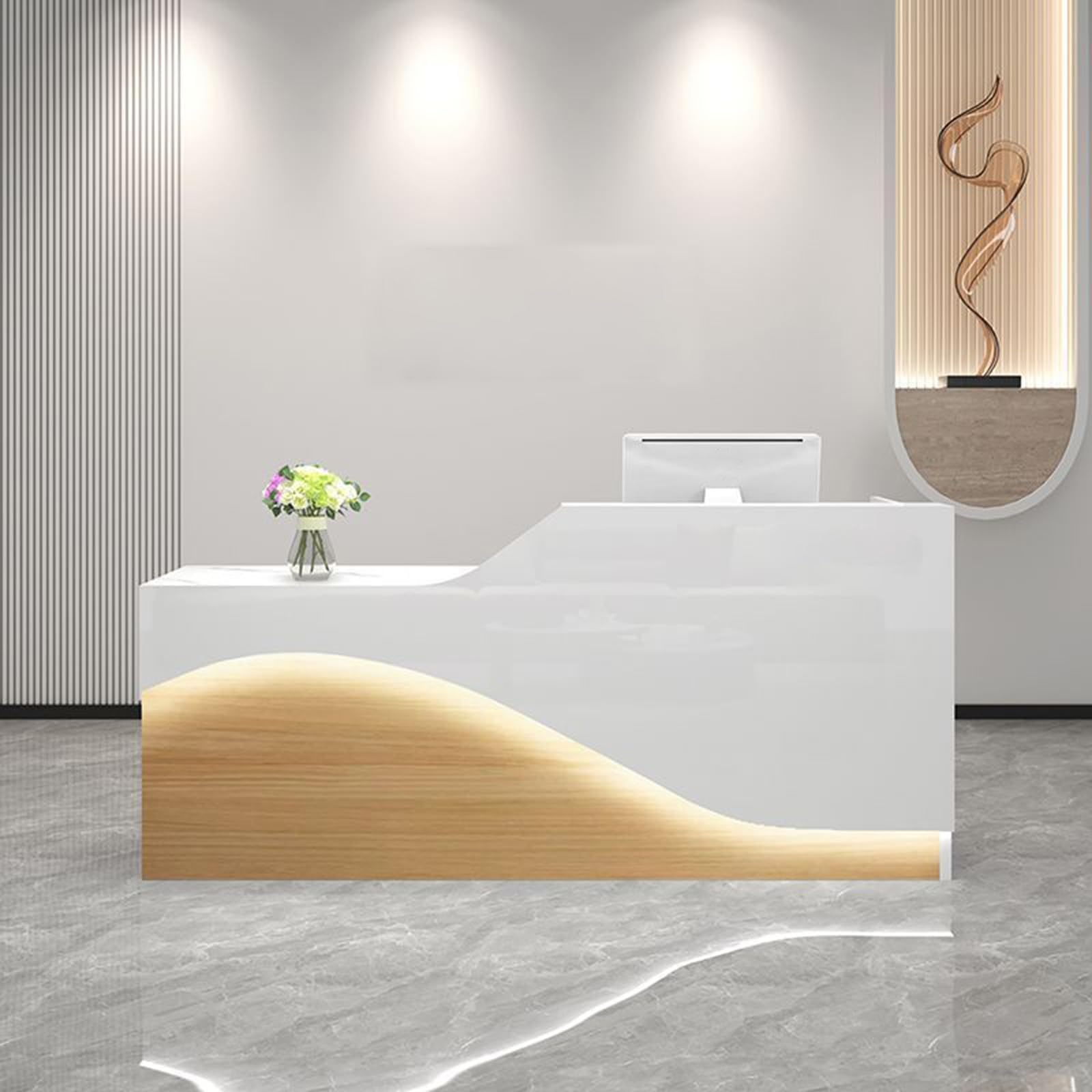 Front Desk Reception Counter, Front Counter Desk with Lockable Drawer, Reception Counter, Modern Retail Counter for Checkout Office/Beauty Salon/Lobby C-right(White+natural-R,Medium)