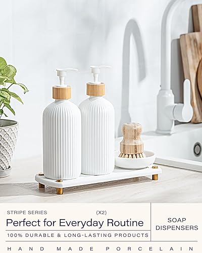 Miniatura 2 de Getstar Juego de dispensador de jabón para manos y platos con bandeja de secado instantáneo y cepillo para platos, dispensador de jabón de cerámica