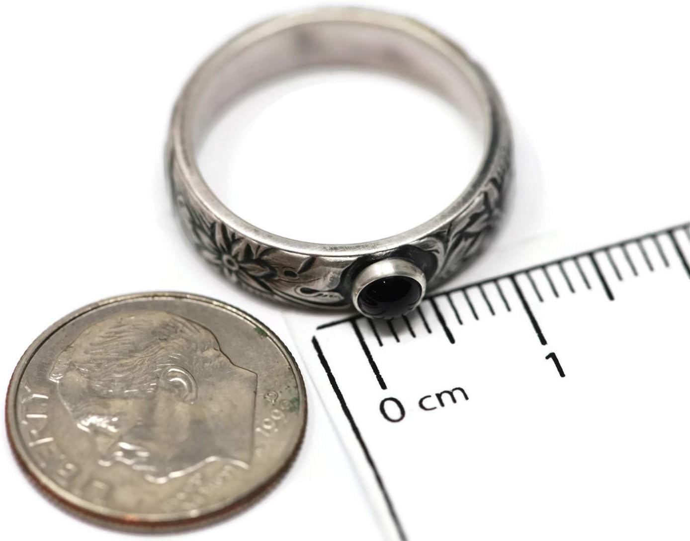 Salish Sea Inspirations 4mm Black Onyx Ring Flower Pattern Vintage Silver