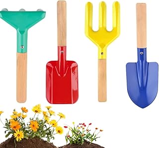 UMUACCAN 4 Piece Gardening Tools for Kids, Kids Beach Toys Made of Metal with Sturdy Wooden Handle, Children Beach Sand Toys Safe Beach Sandbox Toy Fork, Trowel, Rake & Shovel for Kids