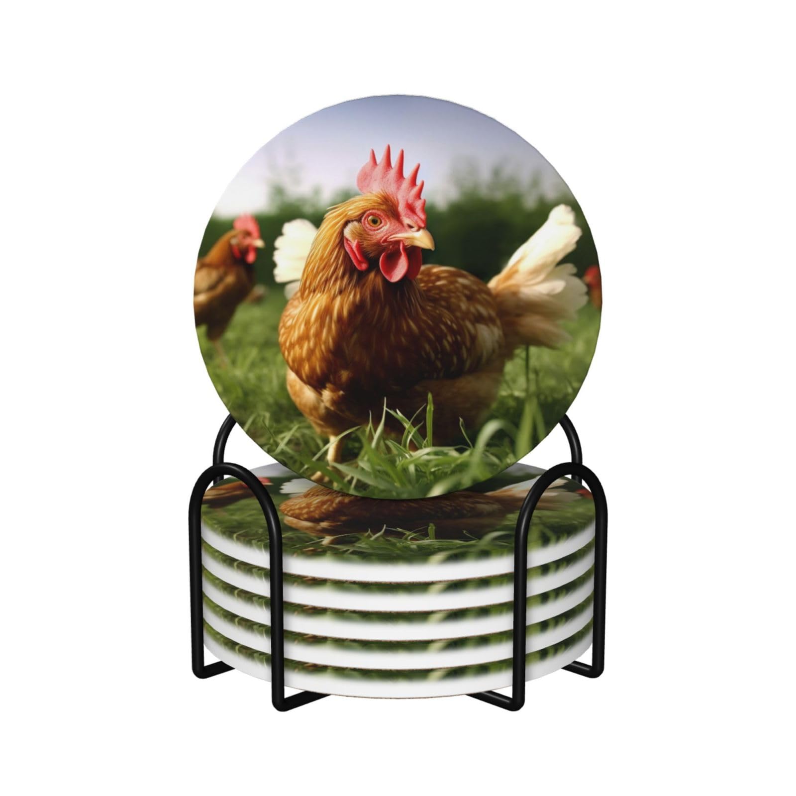 Drink Coasters Set of 6 Non-Slip Ceramic Coasters with Holder Funny Chicken Grass Coasters for Drinks Tabletop Protection Cups Mugs Mat Pads for Coffee Table Bar Home Decor