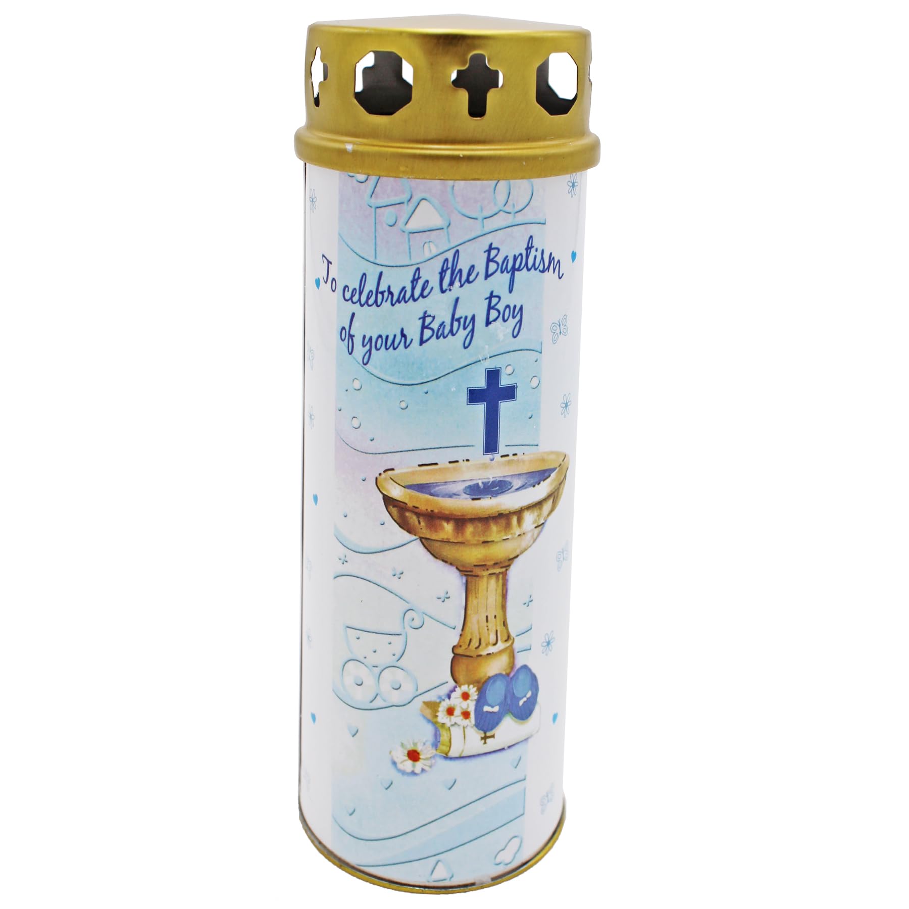 Widdle Gifts Men's Baby Boy 3808 17Cm Pillar Candle For Baptism Of Baby With Windproof Cap And Prayer (Baby Boy 3808)