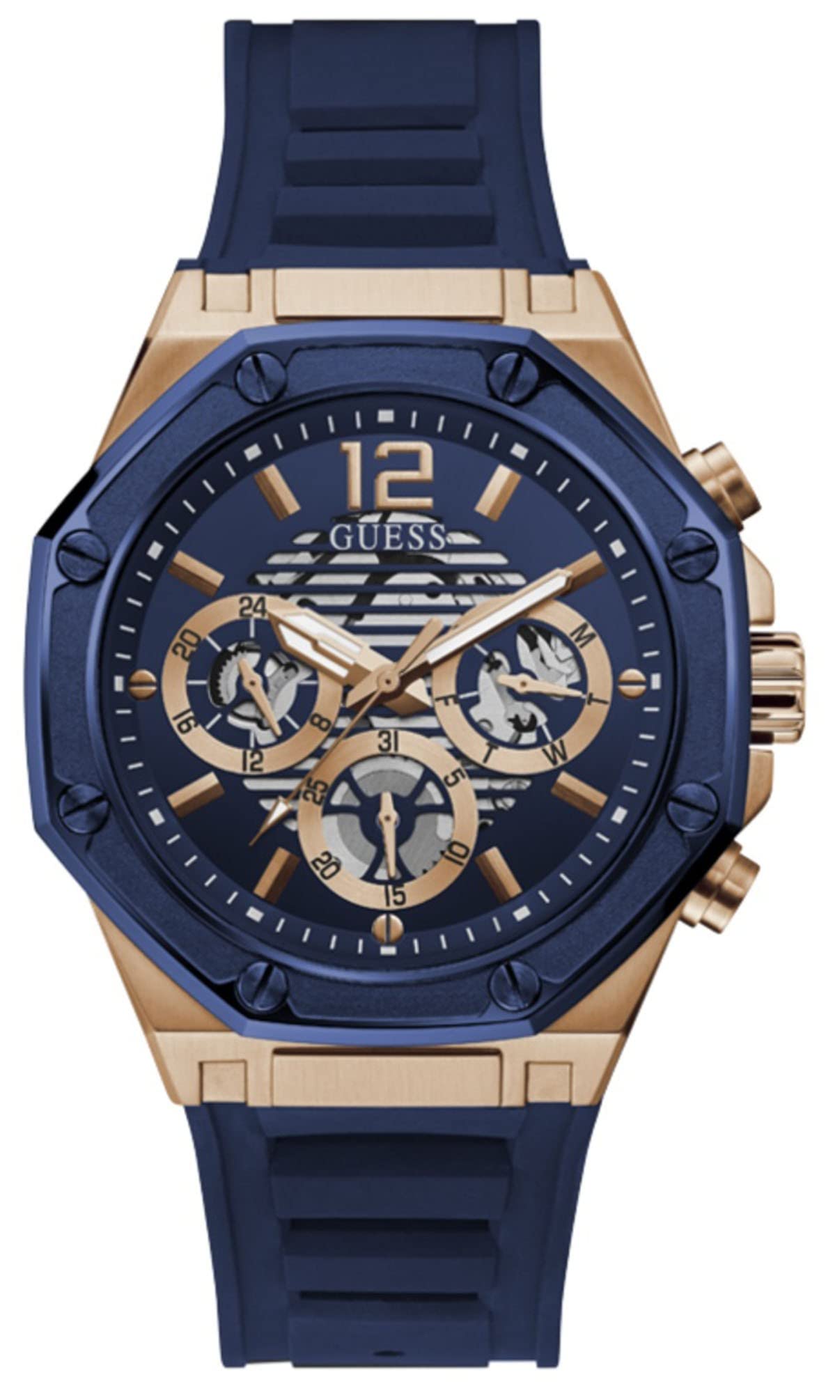 GUESS 44mm Multifunction Skeletonized Watch, Blue/Rose Gold-Tone, ONE, Quartz Watch