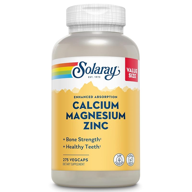 SOLARAY Suplemento de Cálcio, Magnésio e Zinco 1000 mg + 500 mg + 25 mg, 275 cápsulas vegetais