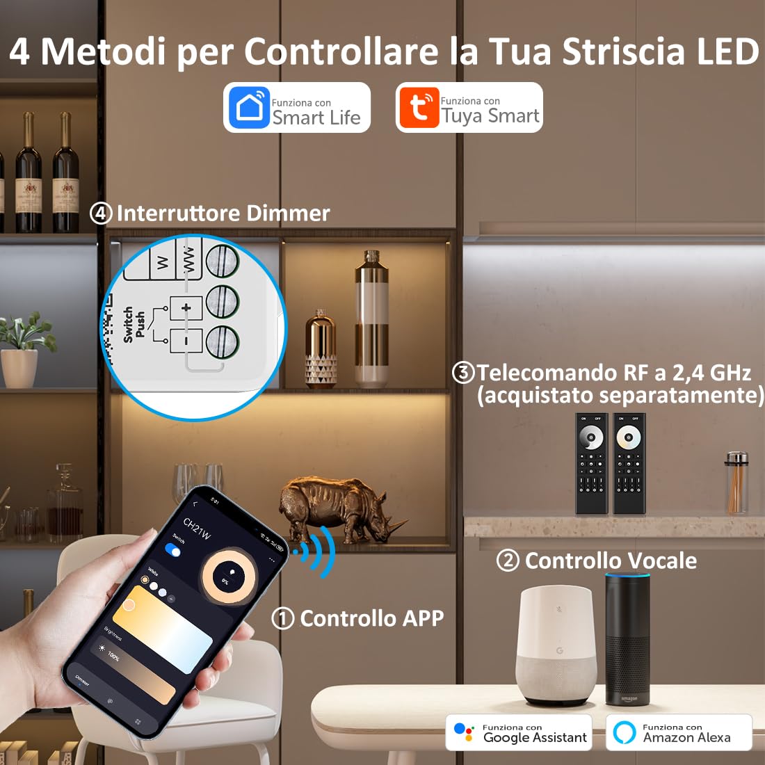 FCOB CH21W WiFi 2.4G CCT Monocromatico 2in1 Controllore LED Alta Frequenza | Alexa Google Assistant Tuya APP Controllo per striscia LED 5050SMD COB CCT monocolore Con RC01RFB RC02RFB DC12V DC24V