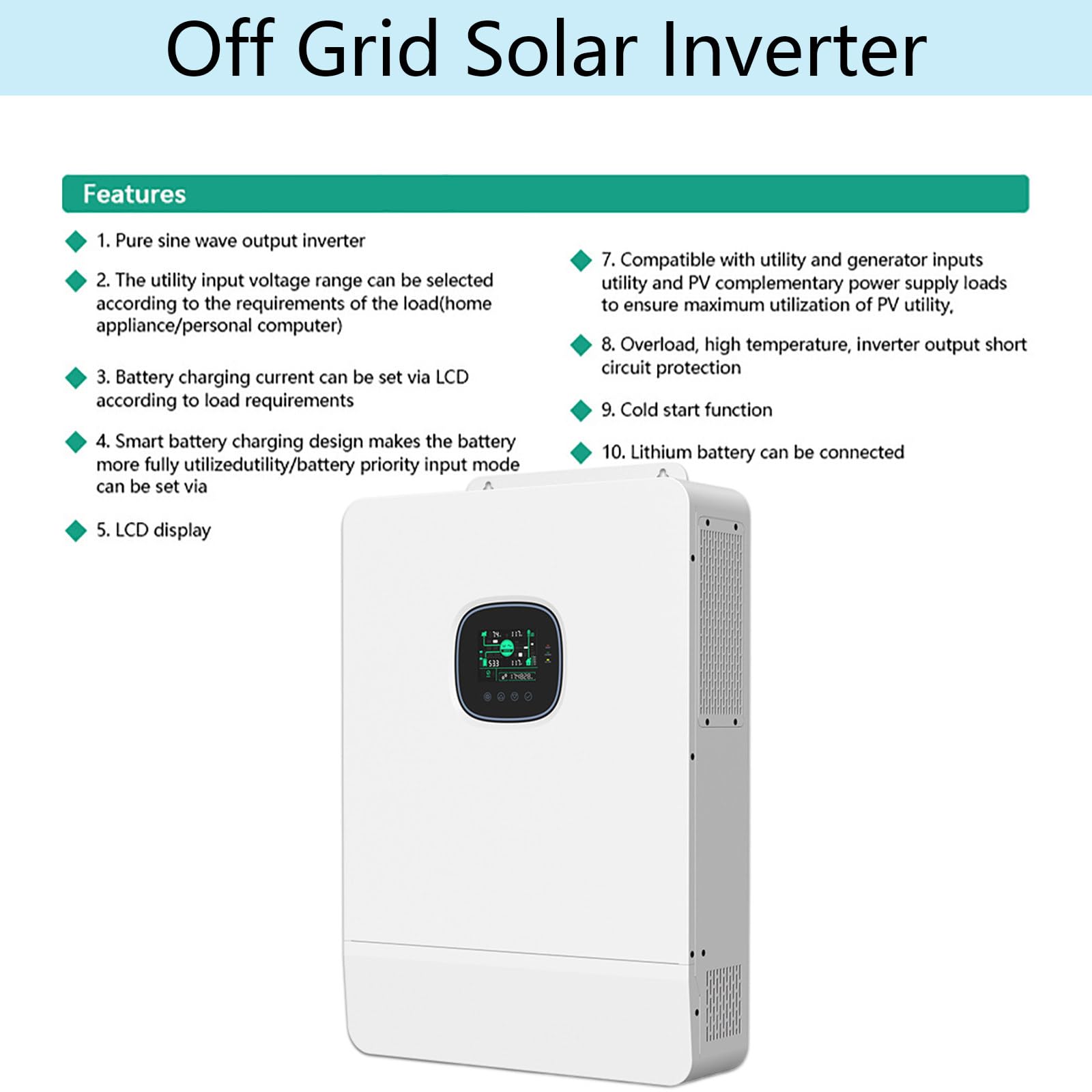 Inverter Solare Ibrido da 10000 W, 48 V CC a 110 V CA, Inverter Solare a Onda Sinusoidale Pura con Regolatore di Carica Solare MPPT da 200 A, per Sistemi Fuori Rete con Batteria da 48 V