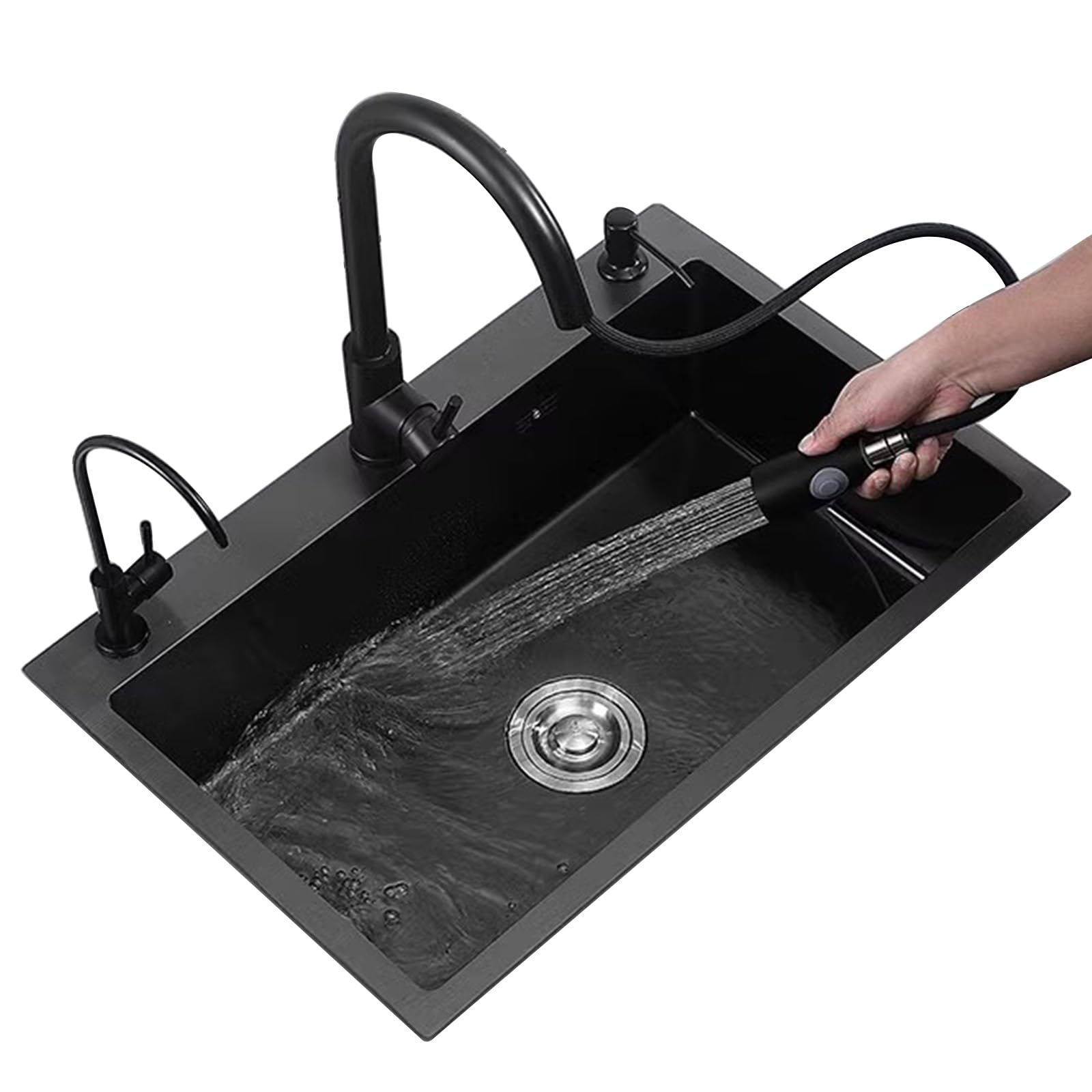 Fregadero de cocina de acero inoxidable, grifo extraíble negro, fregadero de una sola taza, accesorios completos (80 x 50 x 20 cm)