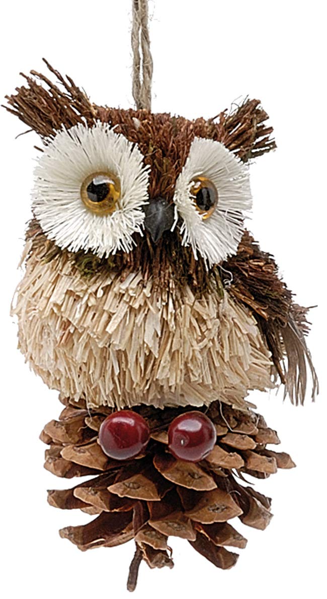 Gisela Graham Silver/Brown Festive Productionns Feathered Bristle Owls On Cones 7Cm Hanging Decoration