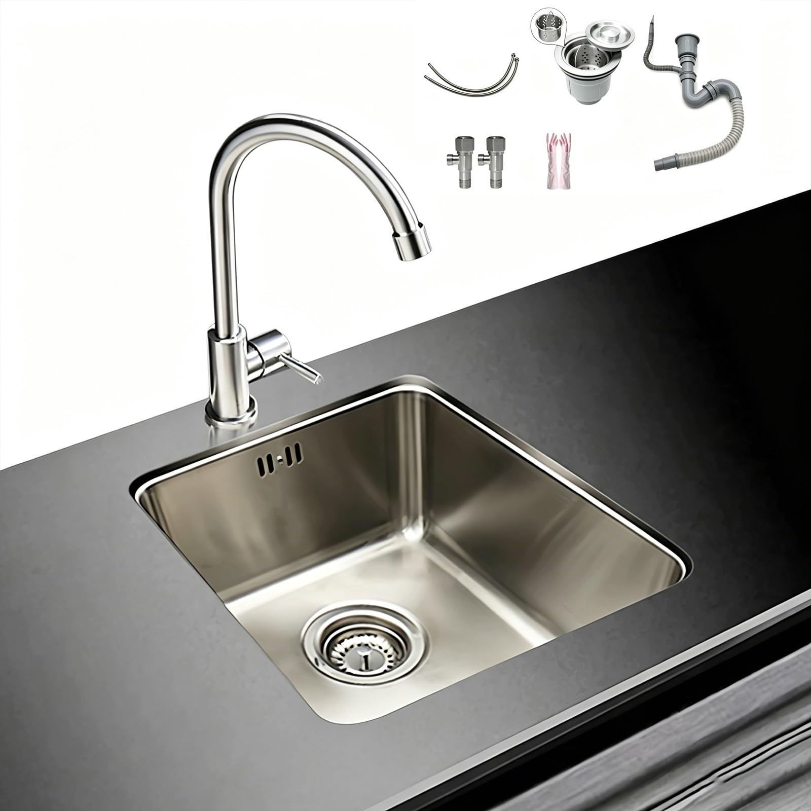 Fregadero Camping, Fregadero Cocina 1 Seno con Grifo, Acero Inoxidable 304, Empotrable, con Desagüe, para Bar de Caravana, Autocaravana o Barco(54x44x22cm/21x17.3x8.6in)